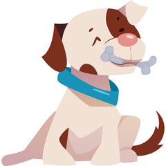 Happy brown and white puppy dog wearing a blue collar sits playfully with a bone in its mouth and a closed eye on a transparent background
