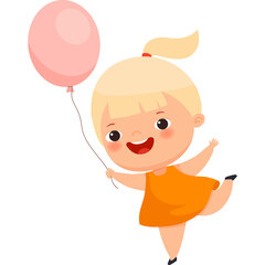 Happy Blond Girl Holding a Pink Balloon Wearing an Orange Dress Dancing in a Playroom With a White Background