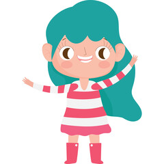 Happy Cartoon Girl with Teal Hair and Pink Striped Dress Waving Both Hands Isolated on White Background