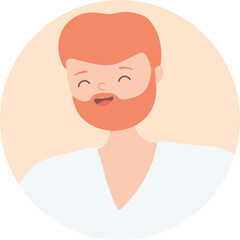 Happy ginger bearded man with closed eyes wearing a white V-neck shirt smiling with a peachy orange circular background and light blue accents