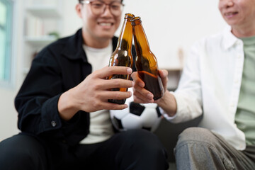 Hobby Family: Two men toasting with beers while enjoying soccer.