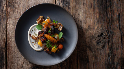 Gourmet plated dish with roasted vegetables and braised meat, served with creamy sauce and fresh herbs on a dark plate on a rustic wooden table.