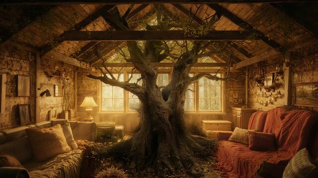 Camera holding steady in cozy attic sitting room, revealing ancient tree trunk with sprawling roots - Powered by Adobe