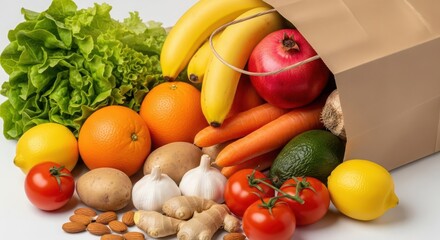 A brown paper grocery bag overflowing with fresh fruits and vegetables isolated on white background