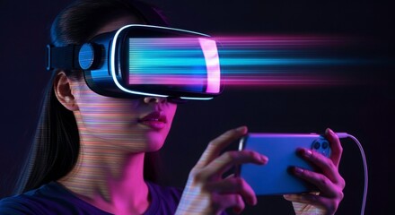 Immersive Reality: A woman fully immersed in a virtual experience, using a VR headset and smartphone, is illuminated by streaks of light, blending technology and interaction. 