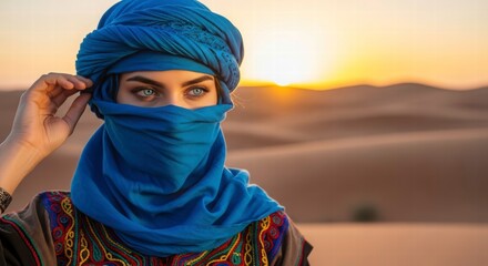 Mysterious Gaze: A captivating portrait of a woman shrouded in traditional attire, her piercing eyes mirroring the vastness of the desert at sunset.