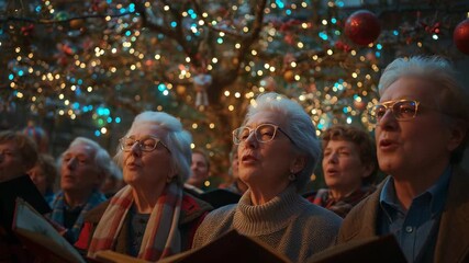 Senior choir trio opening songbooks and singing carol in church lobby, with lit Christmas tree - Powered by Adobe
