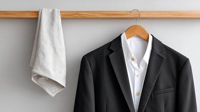 Black Formal Suit Jacket and White Shirt Hanging on Wooden Hanger Beside Textured Gray Towel Against Light Gray Wall with Natural Lighting