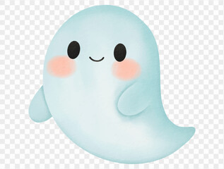 Light blue watercolor cute ghost floating happily, pastel Halloween clipart.vector