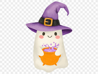 Watercolor ghost wearing purple witch hat holding orange cauldron, magical Halloween art.vector