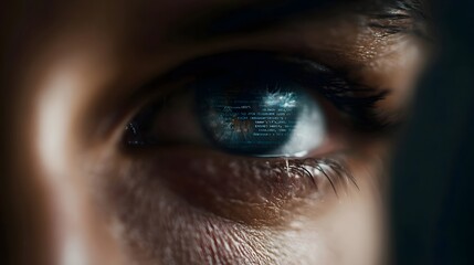 A close up of an eye reflecting glowing digital code on its surface symbolizing information processing