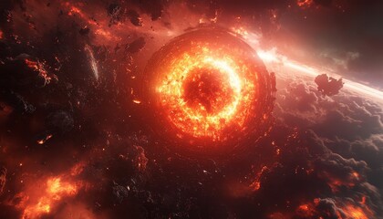 Obraz premium Dramatic Cosmic Background Featuring Blazing Meteor in a Catastrophic Planetary Collision Event