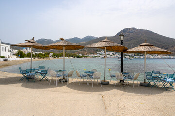 Greek taverna on the promenade in Xilokeratidi, facing the Katapola harbor. Amorgos, Cyclades, Greece