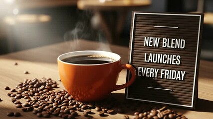 A steaming cup of coffee sits on a wooden table surrounded by coffee beans, with a sign announcing a new blend launch every Friday