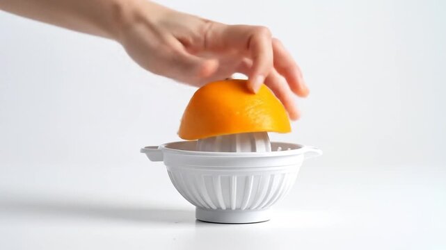 Hand squeezing an orange into a citrus juicer