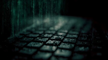 Digital rain cascades onto a dark wet keyboard evoking themes of cyber attacks and data flow