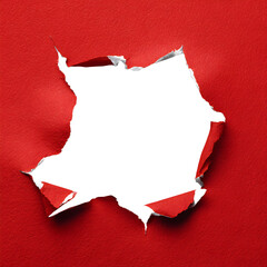 Torn red paper revealing a black hole isolated on transparent background