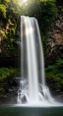 Obraz premium Long Exposure Waterfall Cascading Rocky Cliffs Lush Green Forest Serene Natural Landscape Clear Water Pond Sunlight Shinning Through Foliage Peaceful Environment