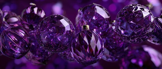 Elegant purple Christmas ornaments with faceted texture, festive holiday decorations in a rich violet color palette for a luxurious and modern Christmas concept