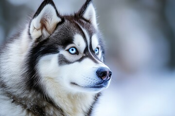 Majestic Siberian Husky with Striking Blue Eyes and Gorgeous Gray Fur in a Snowy Landscape Setting