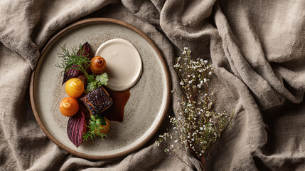 A beautifully plated gourmet dish featuring a piece of dark meat, small yellow tomatoes, and purple greens, served with a creamy sauce.