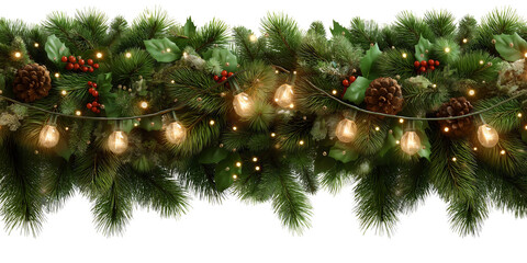 Traditional Christmas border garland of green pine branches with glowing string bulb lights red holly berries and natural brown pine cones isolated transparent background.