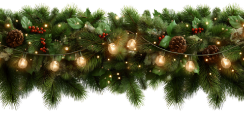 Traditional Christmas border garland of green pine branches with glowing string bulb lights red holly berries and natural brown pine cones isolated transparent background.