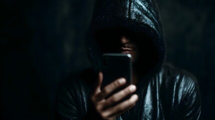 A hooded figure with face in shadow holds a smartphone symbolizing digital privacy concerns and online anonymity