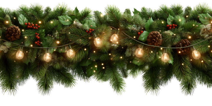 Traditional Christmas border garland of green pine branches with glowing string bulb lights red holly berries and natural brown pine cones isolated transparent background.