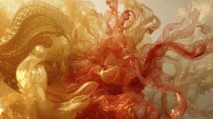 First frame swelling gold filaments spiraling into merging red ribbons in studio, pattern emerging - Powered by Adobe