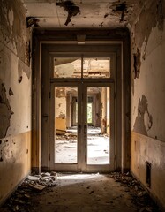 Long, dilapidated hallway with peeling paint and sunlight at the end