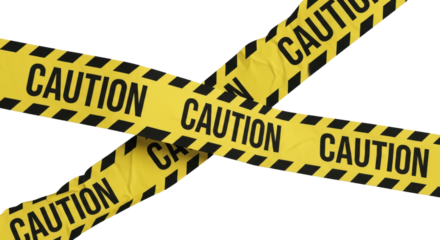 Yellow caution tape crossed with diagonal black stripes on white background