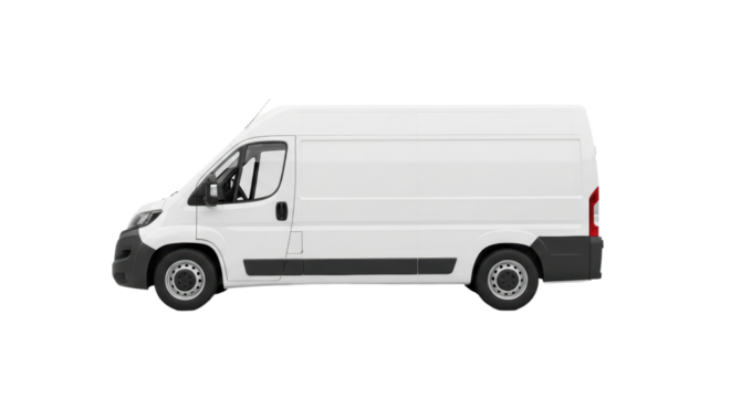 White cargo van side view on transparent background for delivery and transport themes