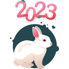 Happy New Year 2023 bunny graphic with transparent background and pink text and green leaves illustration
