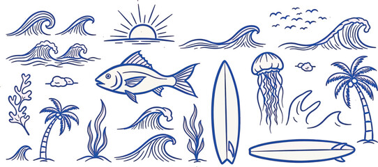 Vector art of collection of handdrawn ocean elements including waves, palm trees, surfboards, jellyfish, fish, and a sunrise