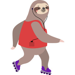 Happy Sloth In Red Vest And Purple Roller Skates Enjoying Music With Earbuds On Transparent Background