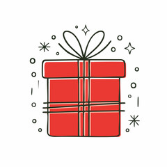 red Christmas gift. Naive style kid's drawing. 