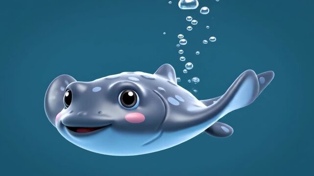 Joyful Ray Cartoon stingray swims happily among bubbles in the deep blue sea.