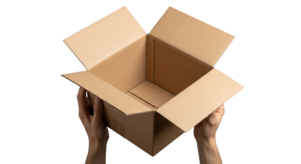 Hands holding open cardboard box on black background