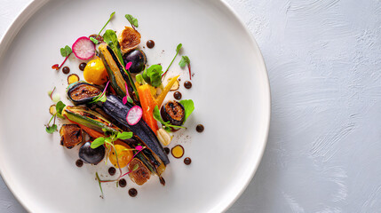 Artistically plated gourmet dish of colorful roasted baby vegetables, herbs, and sauce on a minimalist white plate.