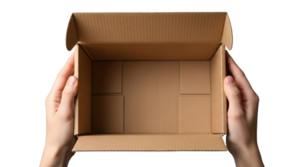 Hands holding an open cardboard box on white background