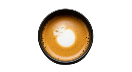 Aerial view of frothy cappuccino in black cup on white background