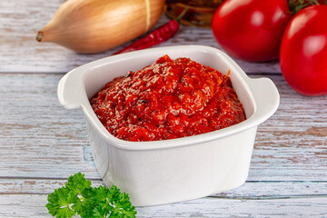 Bulgarian traditional lutenica pepper sauce