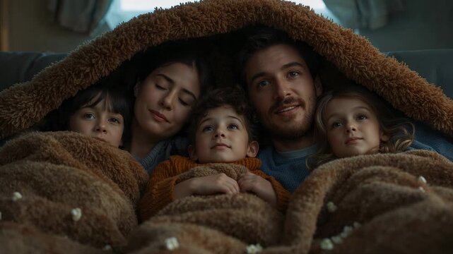 Settling family members pulling brown fuzzy blanket over shoulders on sofa, creating cozy cover