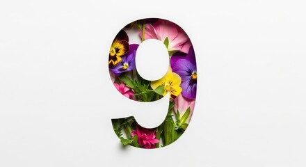 Number nine formed from a vibrant arrangement of colorful spring flowers isolated on white background
