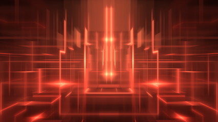 scene features a vibrant red abstract design, illuminated by glowing lines that create depth and dimension, resembling a futuristic digital environment. 3d render
