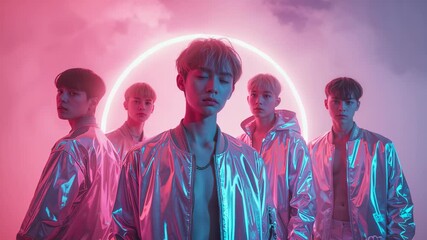 Pulsing neon circle guiding five performers holding V shape in studio, wearing metallic jackets - Powered by Adobe