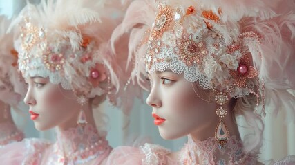 Capturing close-up portrait, adult Asian woman tilting head and blinking in studio, with headpiece - Powered by Adobe