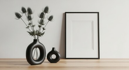 Two modern black vases with dried flowers and a blank picture frame isolated on white background