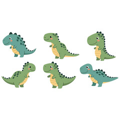 Set of Six Cute Cartoon T-Rex Dinosaur Characters in Various Poses - Adorable Tyrannosaurus Rex Collection for Kids, Prehistoric Animals, Jurassic Themes, Childish Designs, and Educational Content